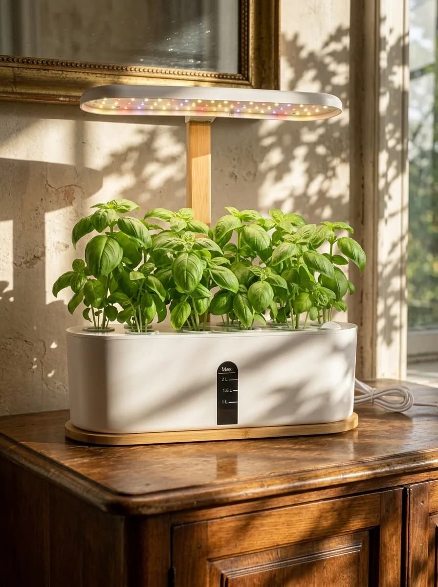 Mature basil ready for harvest in the hydroponic planter