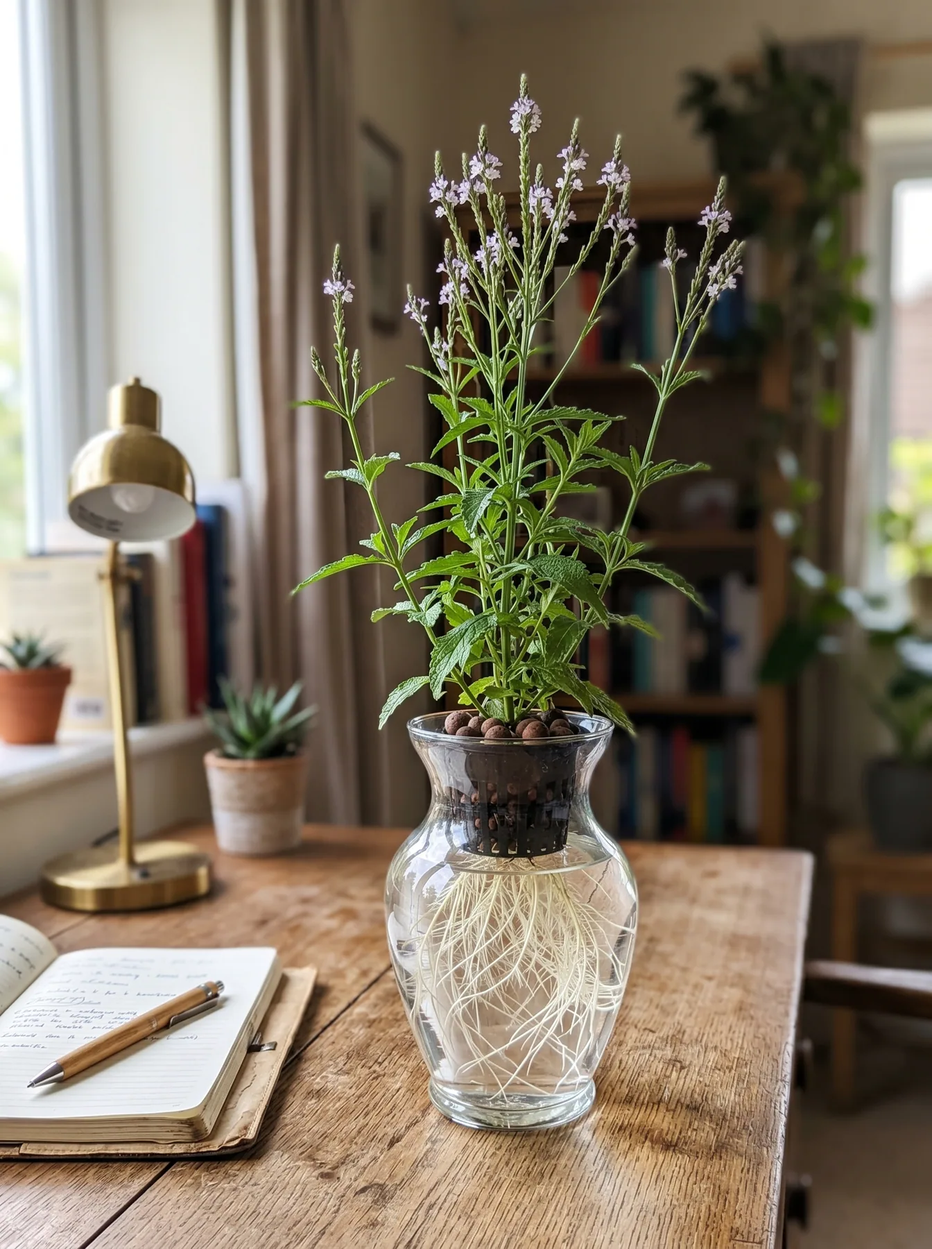 Vervain in a glass vase — passive hydroponic culture