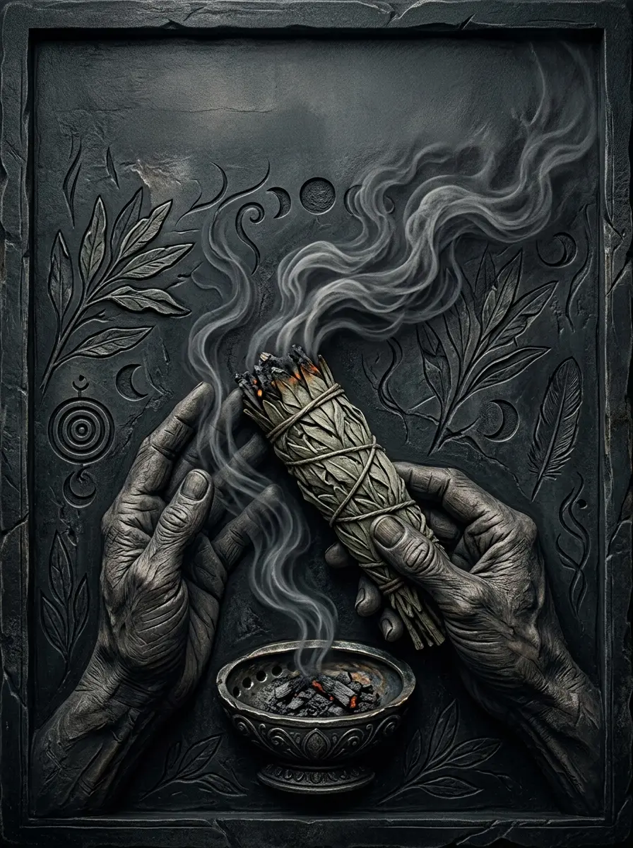 Dark illustration of a sage fumigation ritual
