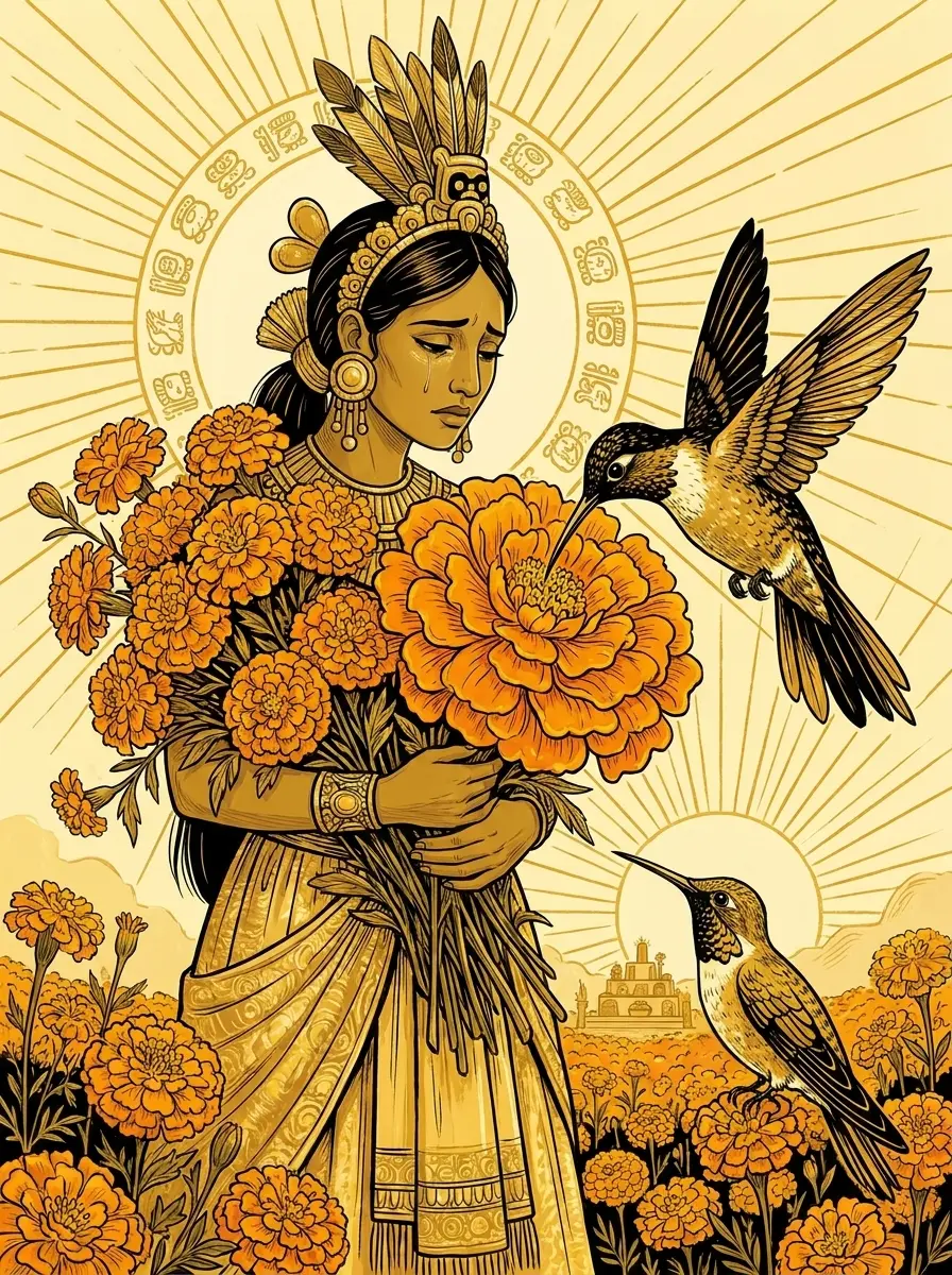 Illustration of Xóchitl, Huitzilin, and the cempasúchil flower
