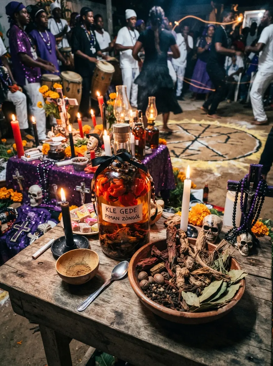 Plantes, épices et offrandes disposées pour une cérémonie vodou haïtienne