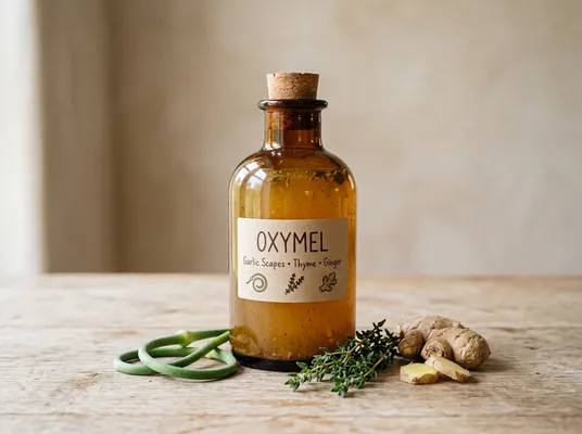 Oxymel de fleurs d'ail avec thym et gingembre