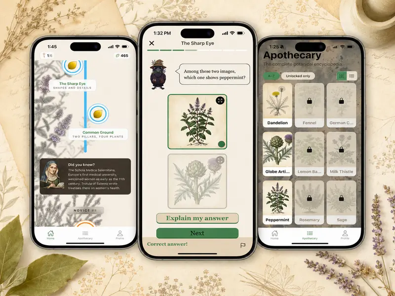 Comparaison visuelle entre cours, livres et application mobile pour apprendre l'herboristerie