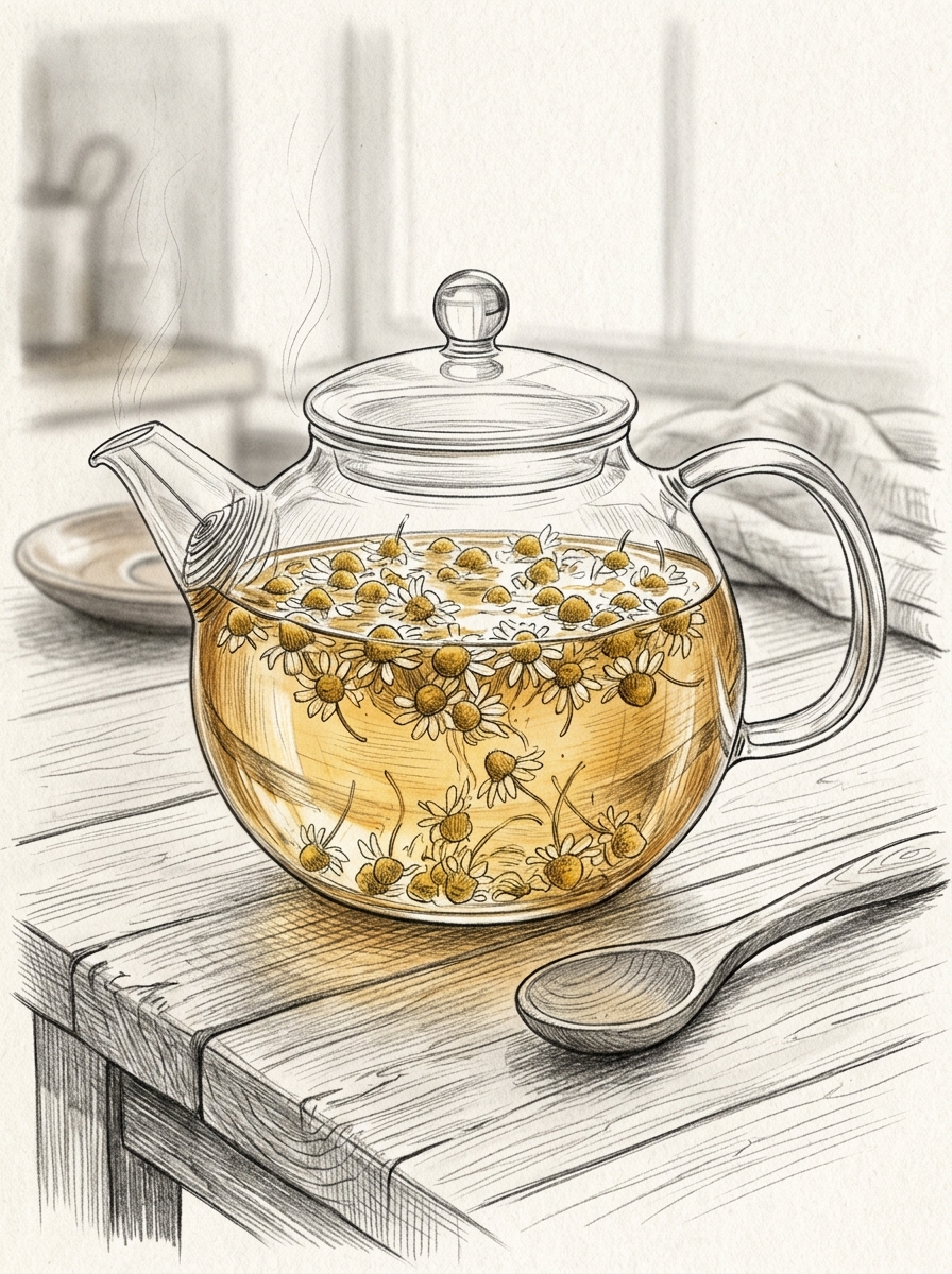 Théière en verre, fleurs de camomille et mélisse séchée pour la tisane du soir