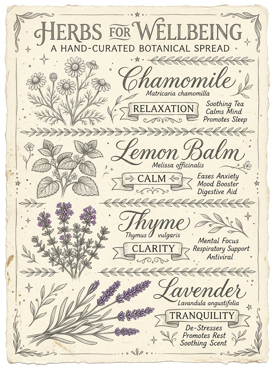 Armoire à herbes : bocaux de camomille, mélisse, thym et lavande