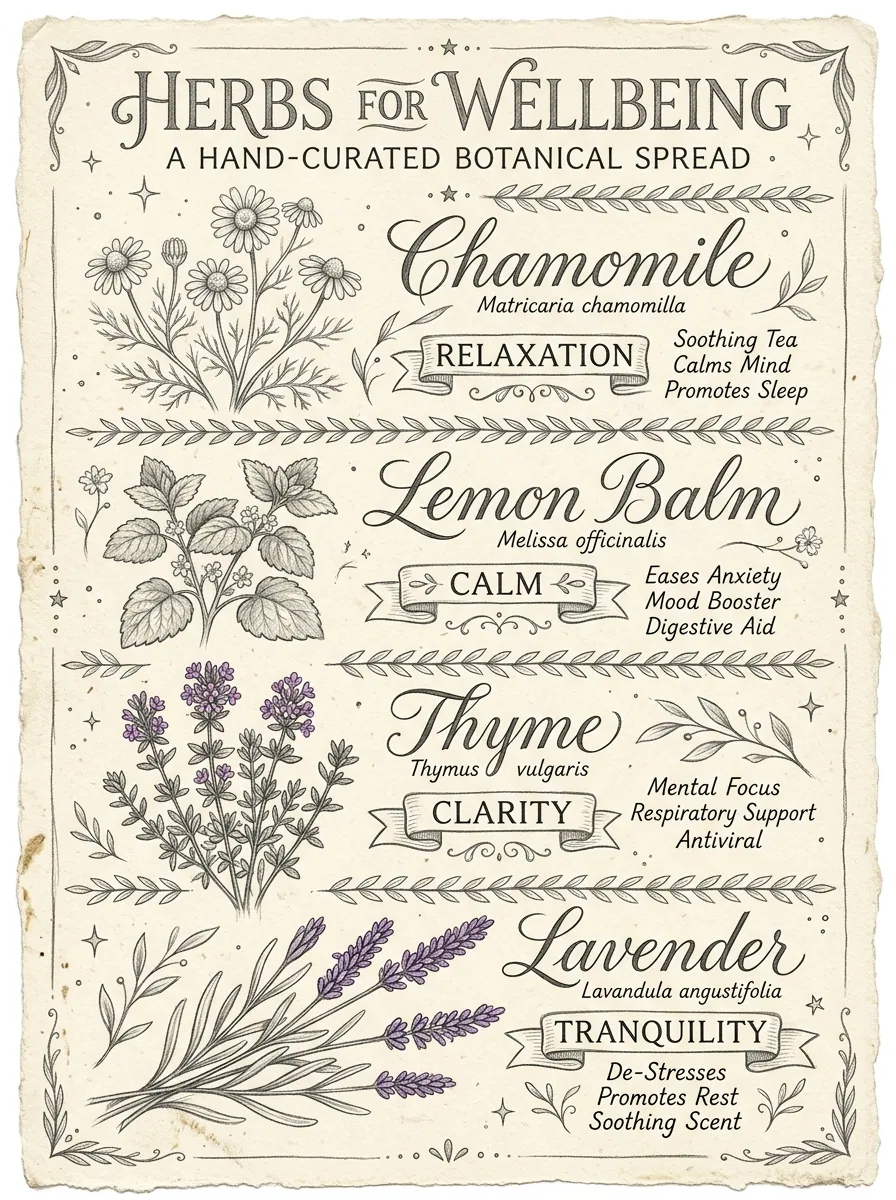 Herb cupboard: jars of chamomile, lemon balm, thyme and lavender